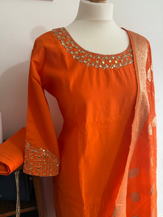 Party Wear 3 Piece Kurti Set-Top, Bottom and Dupatta-Orange