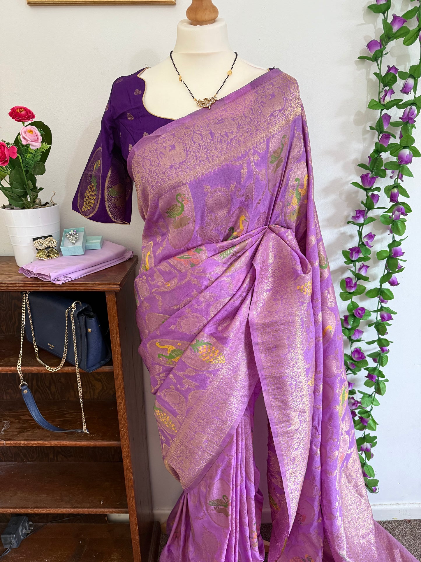 Moonga banarsi silk saree combo with stitched blouse, Purple