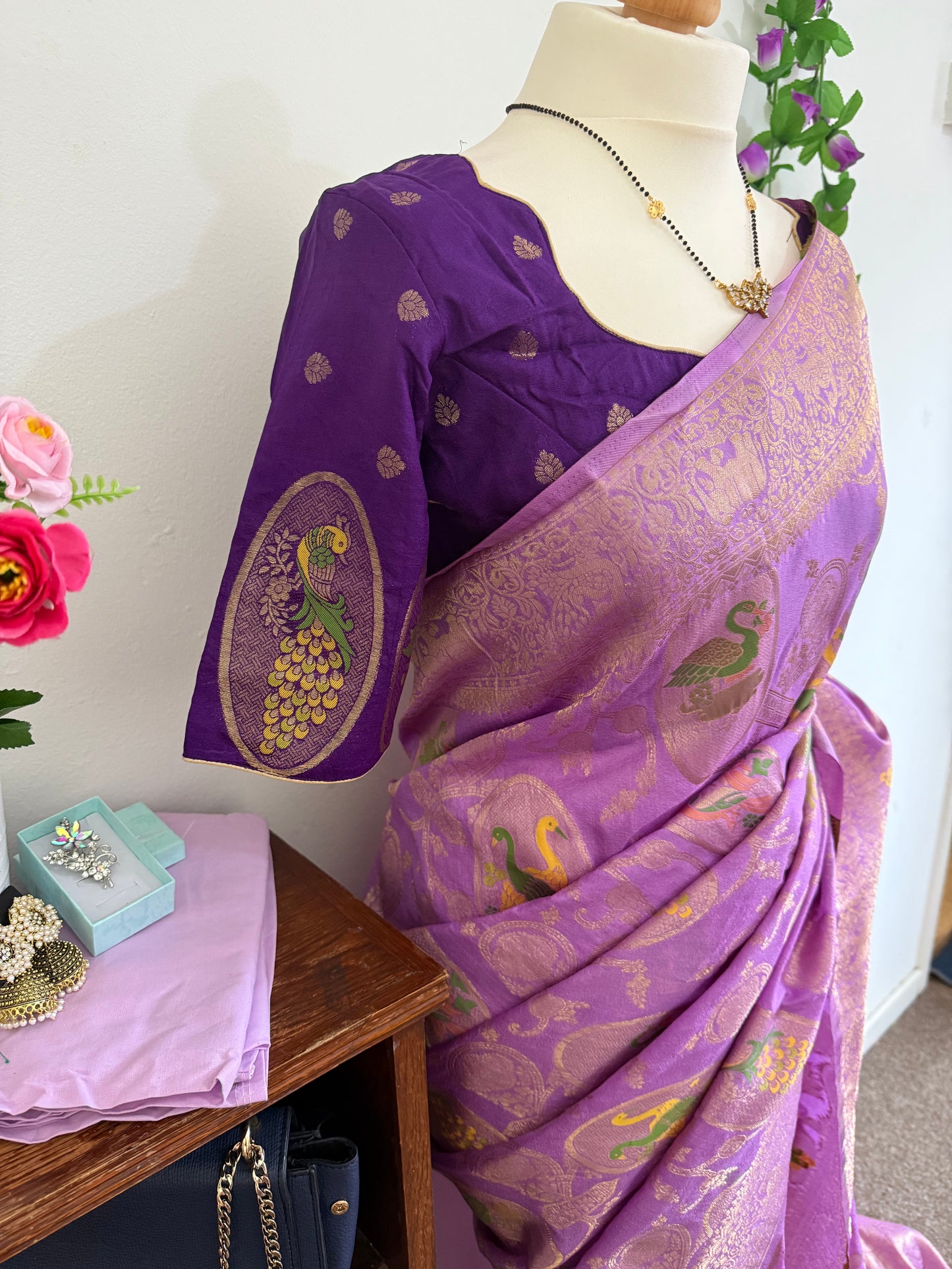 Moonga banarsi silk saree combo with stitched blouse, Purple