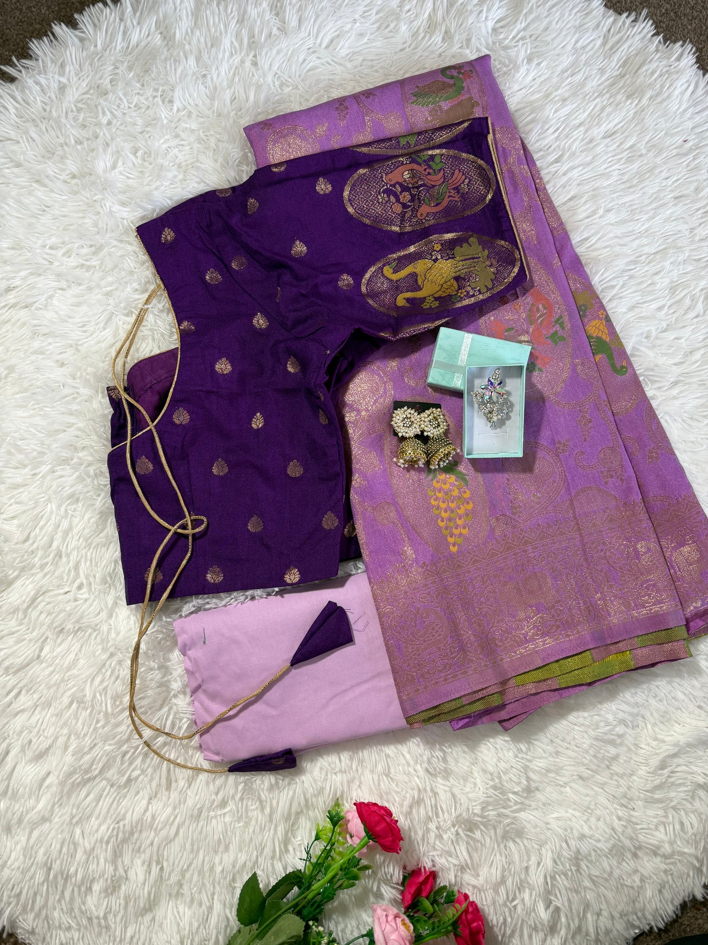Moonga banarsi silk saree combo with stitched blouse, Purple
