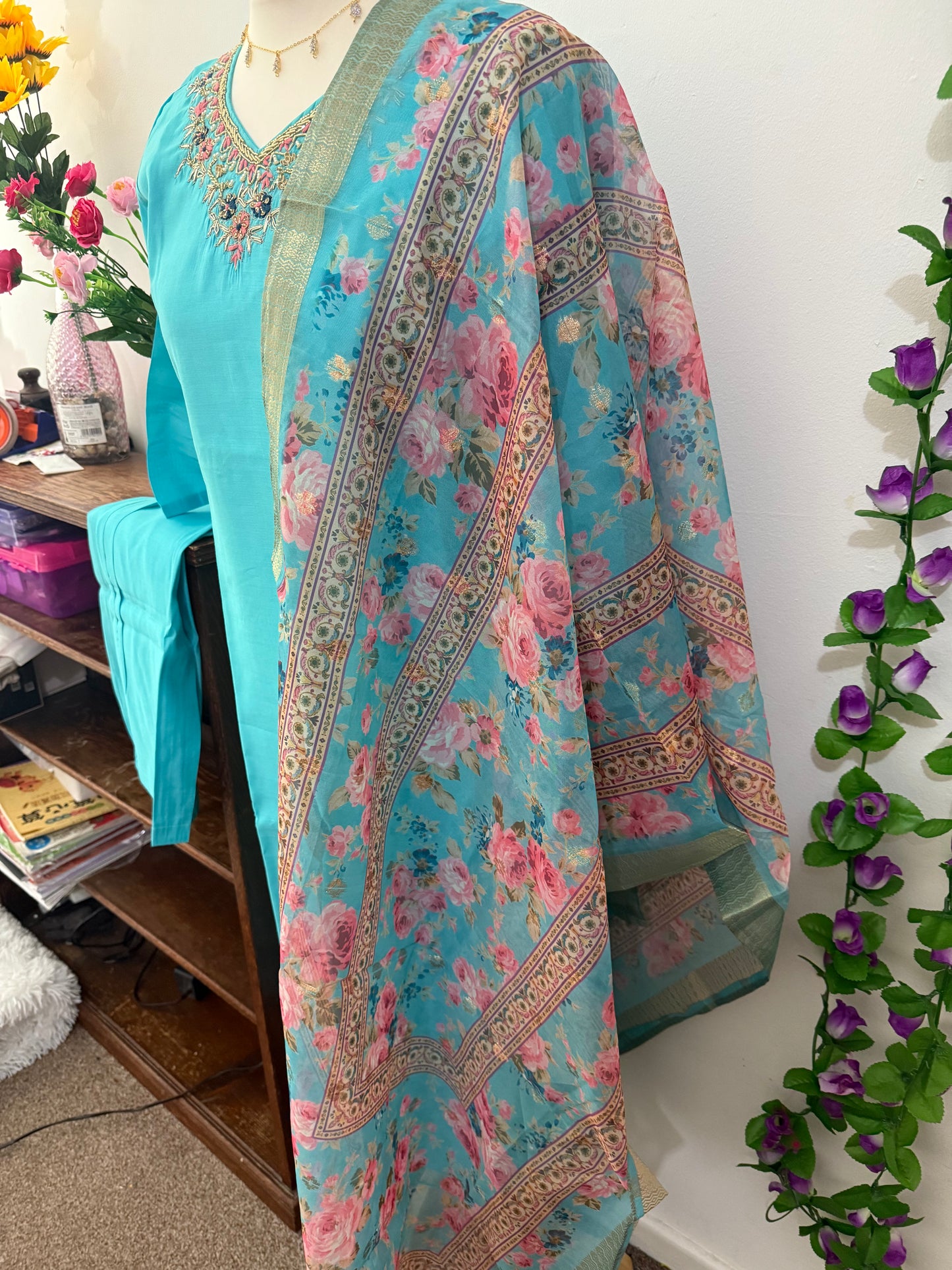 Semi Party Wear 3 piece set - Kurti, bottom and dupatta - Blue