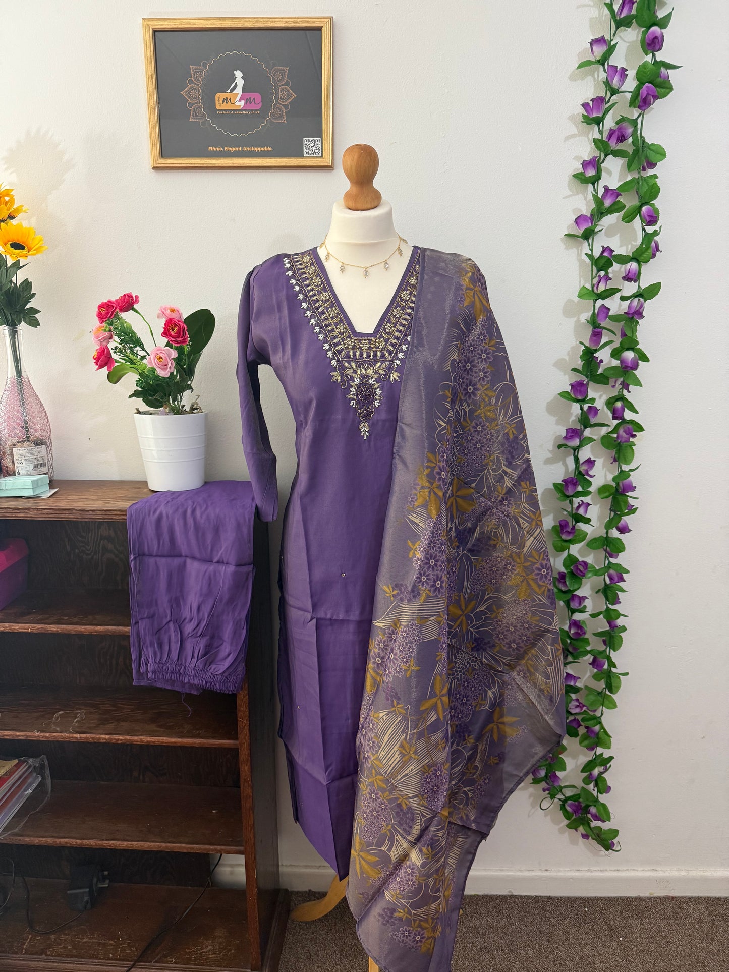 Semi Party Wear 3 piece set - Kurti, bottom and dupatta - Purple