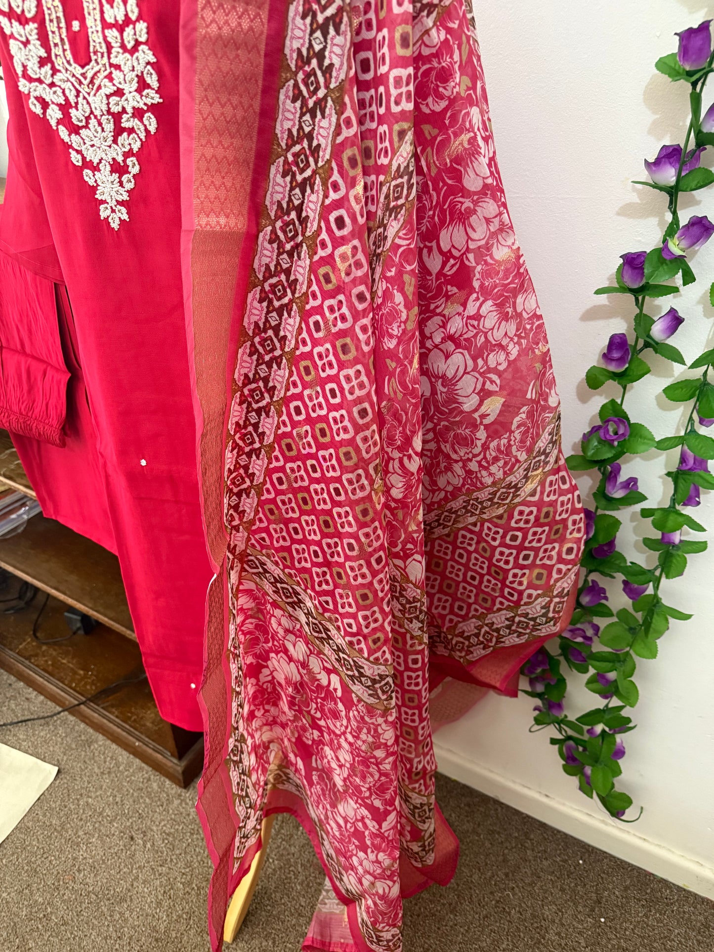 Semi Party Wear 3 piece set - Kurti, bottom and dupatta - Rani Pink