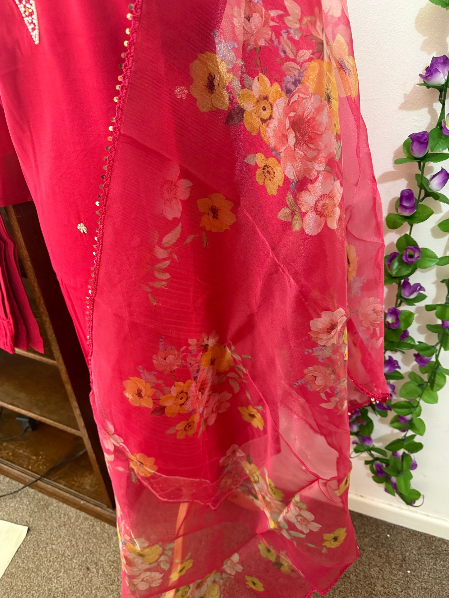Semi Party Wear 3 piece set - Kurti, bottom and dupatta - Rani Pink