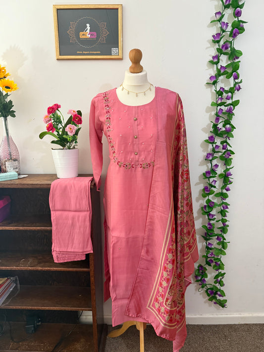 Semi Party Wear 3 piece set - Kurti, bottom and dupatta - Baby Pink