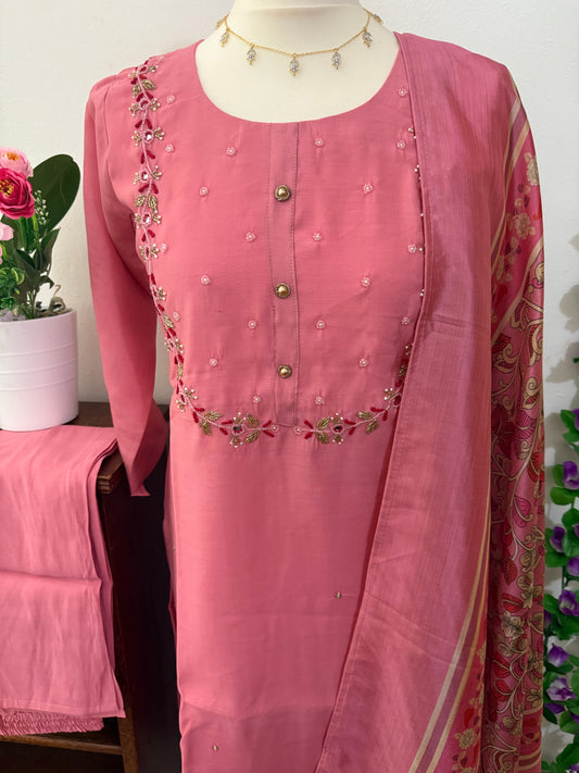 Semi Party Wear 3 piece set - Kurti, bottom and dupatta - Baby Pink