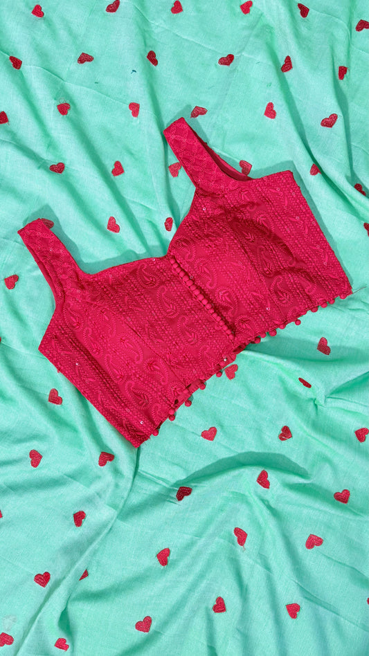 Heart Embroidery Kadhi Cotton Saree Combo-Saree with Readymade blouse