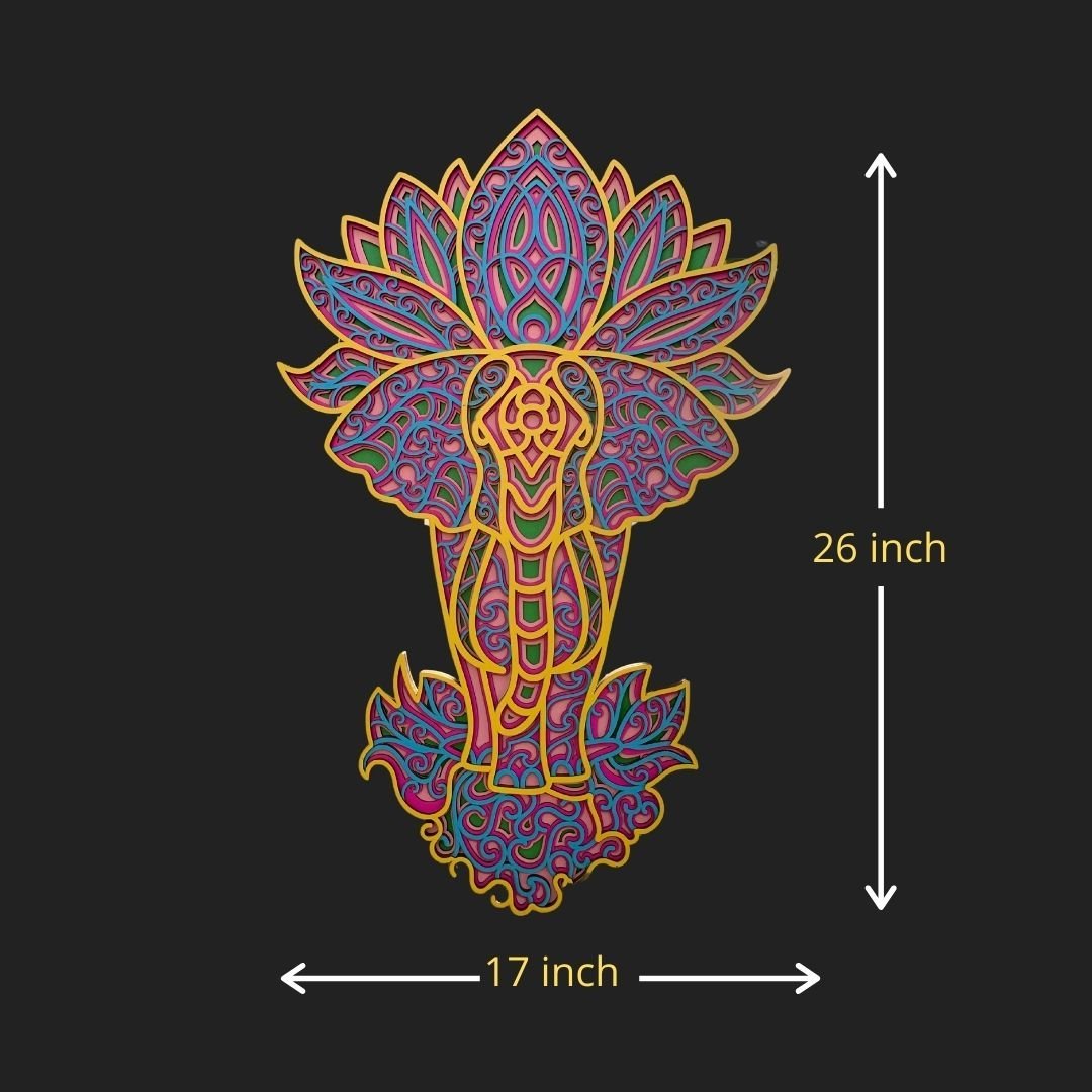 Colourful Standing Elephant With Lotus Multilayer Mandala Wall Hanging Art
