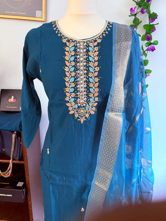 Viscose Modal Hand Work Designer 3 piece Kurti with bottom dupatta - Blue