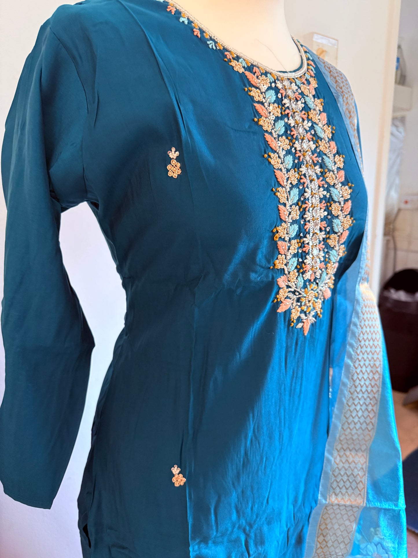 Viscose Modal Hand Work Designer 3 piece Kurti with bottom dupatta - Blue