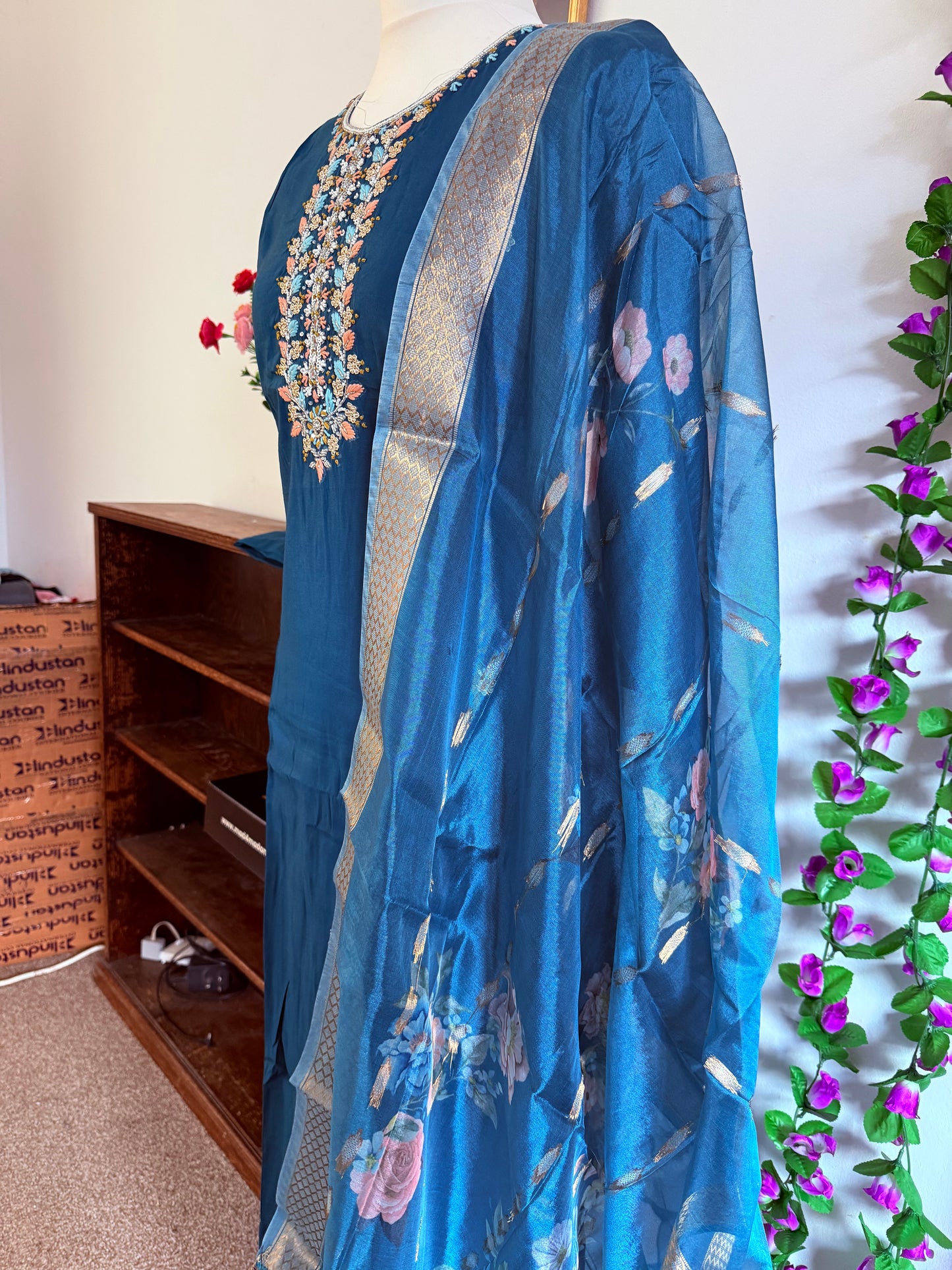 Viscose Modal Hand Work Designer 3 piece Kurti with bottom dupatta - Blue