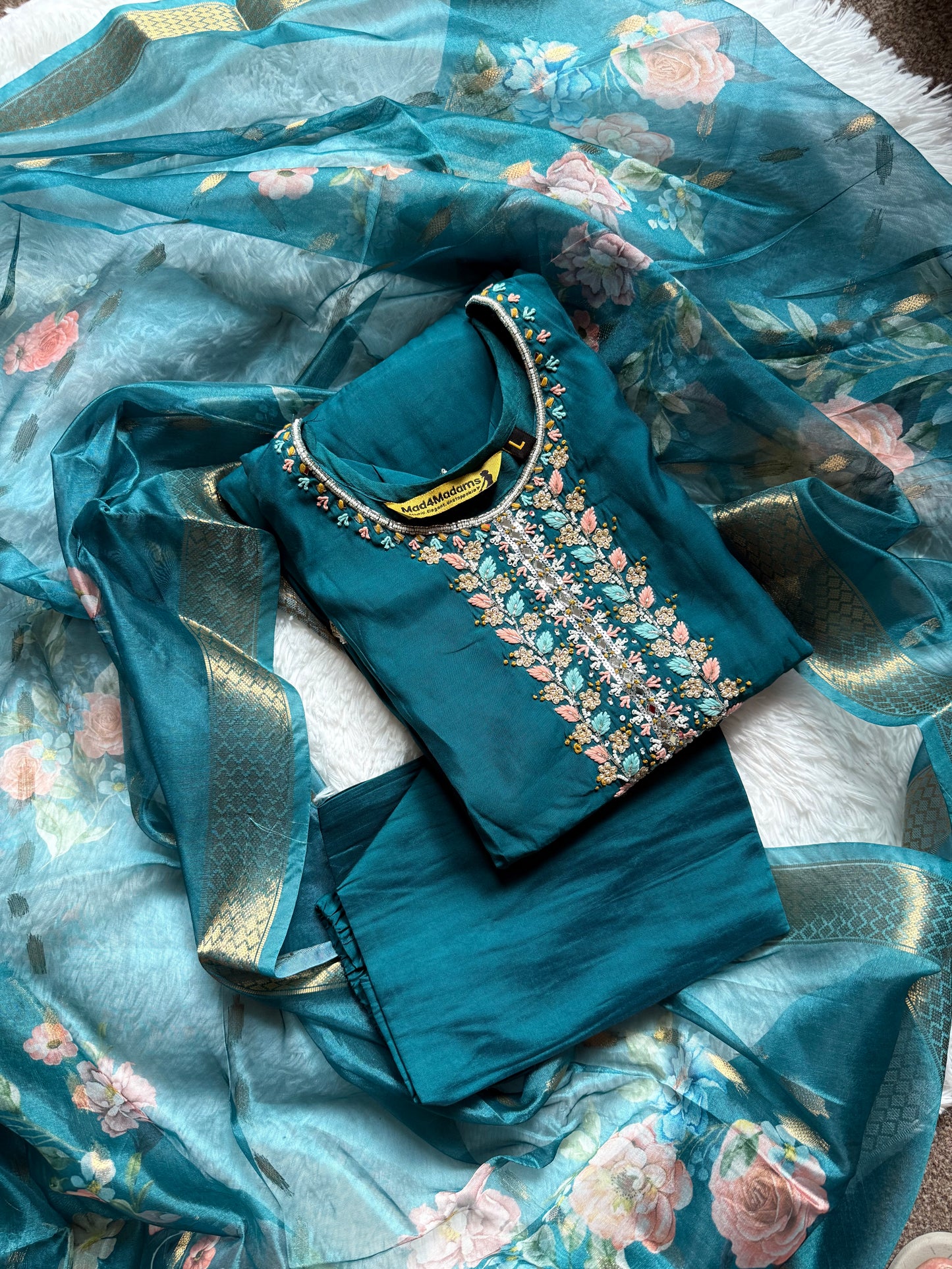 Viscose Modal Hand Work Designer 3 piece Kurti with bottom dupatta - Blue
