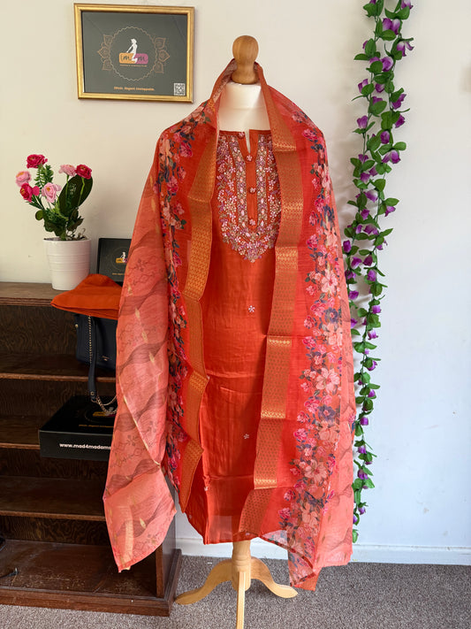 Dola Silk Designer 3 piece Kurti with bottom dupatta - Orange