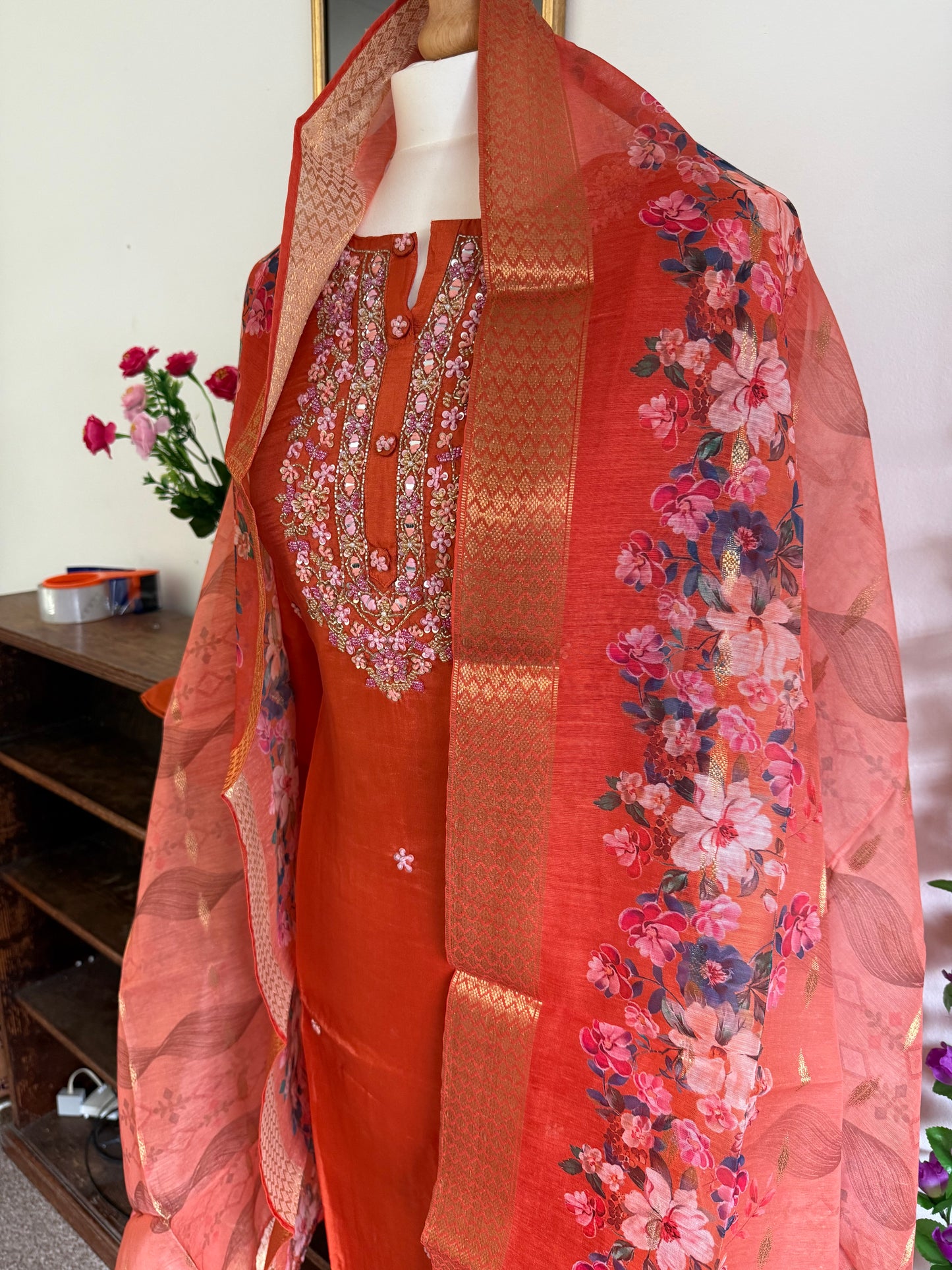 Dola Silk Designer 3 piece Kurti with bottom dupatta - Orange