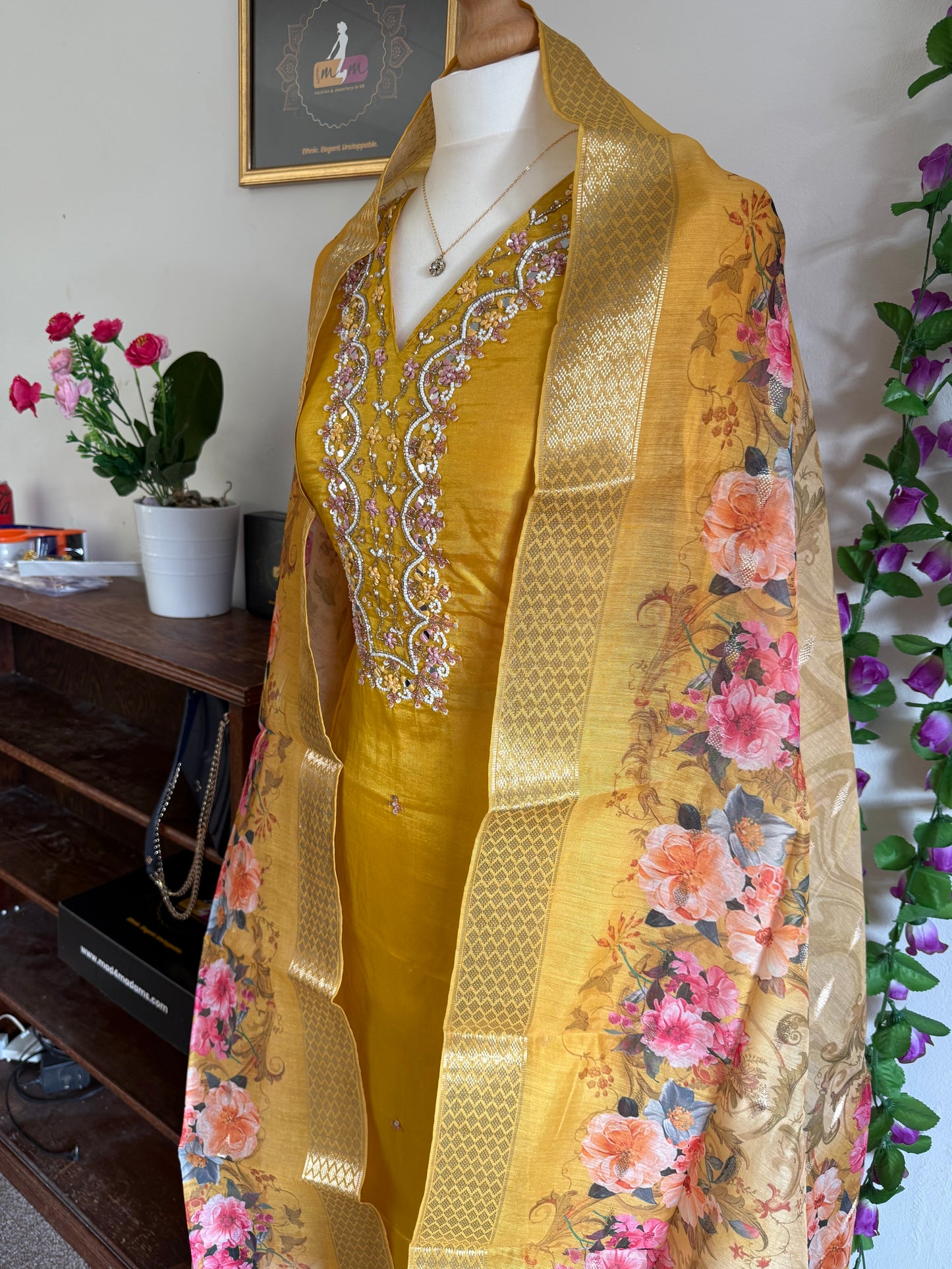 Viscose Modal Designer Hand Work 3 piece with bottom dupatta - Yellow