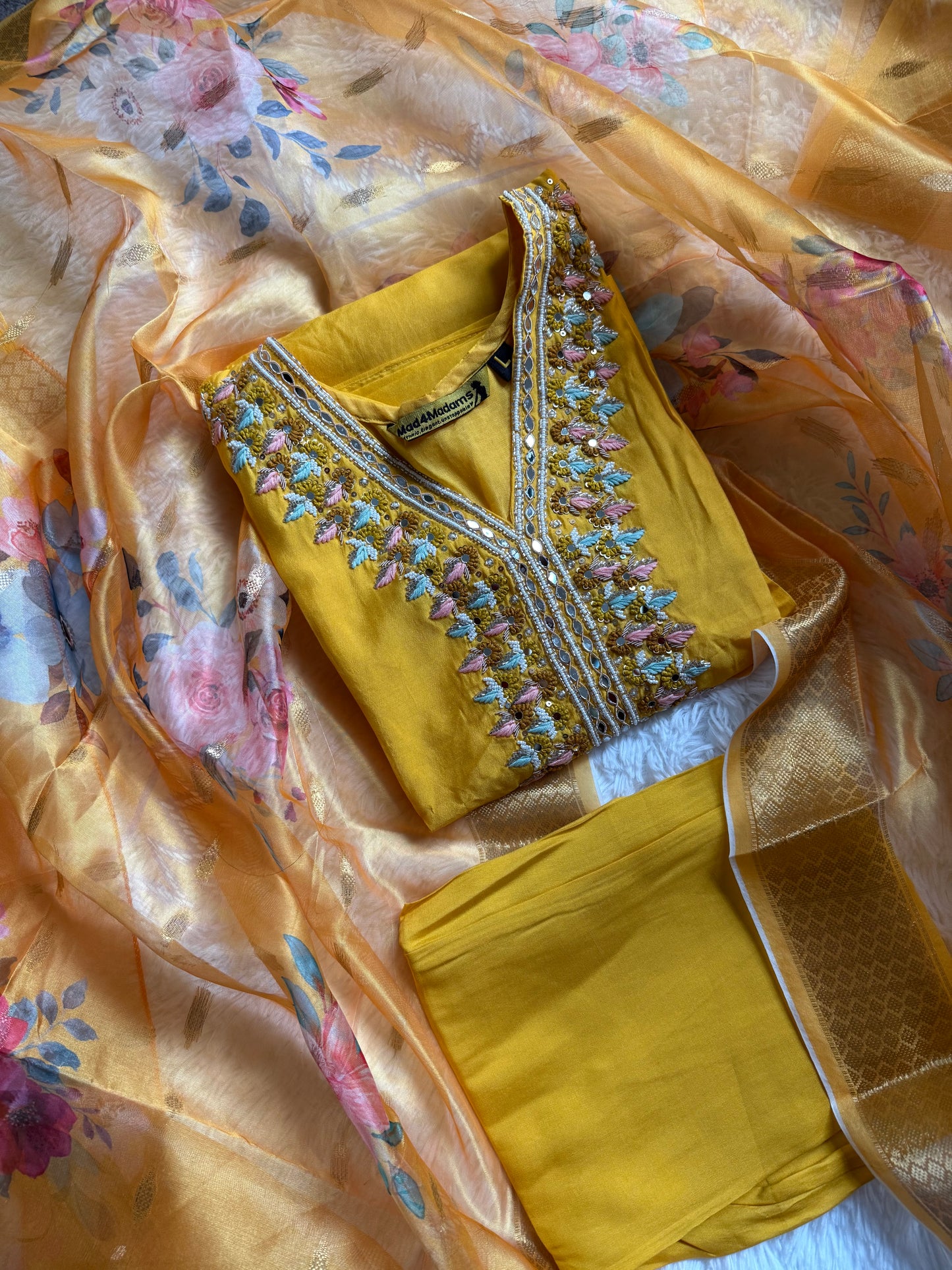Viscose Modal Designer Hand Work 3 piece with bottom dupatta - Yellow