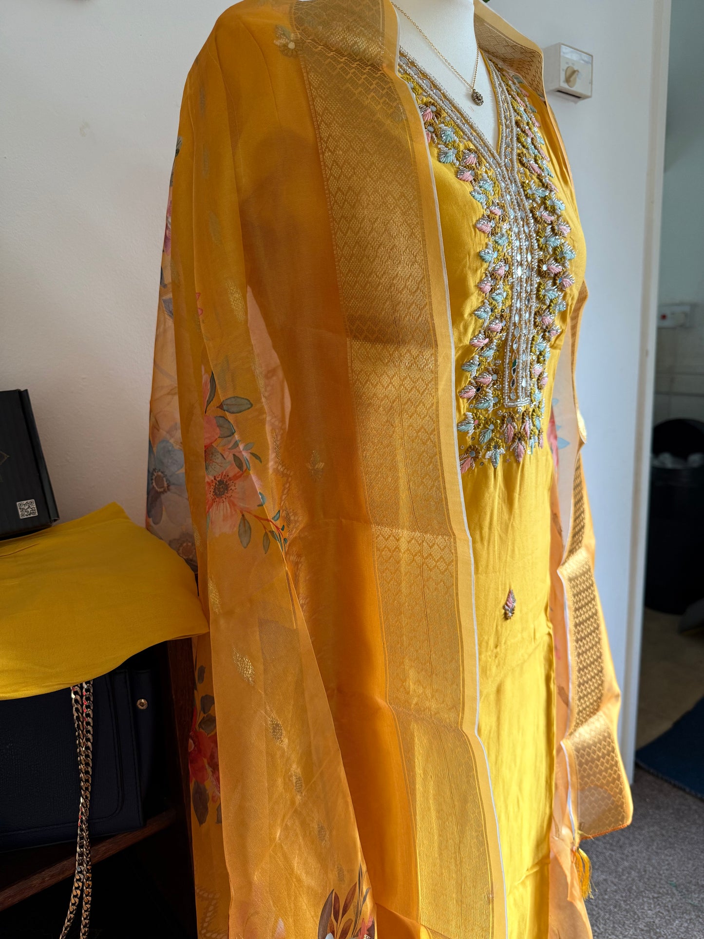 Viscose Modal Designer Hand Work 3 piece with bottom dupatta - Yellow