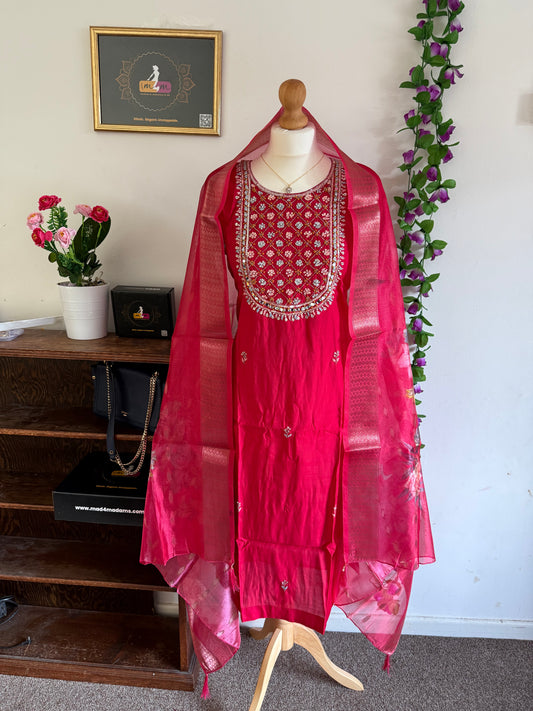 Viscose Modal Designer Hand Work 3 piece Kurti with bottom dupatta - Dark Pink