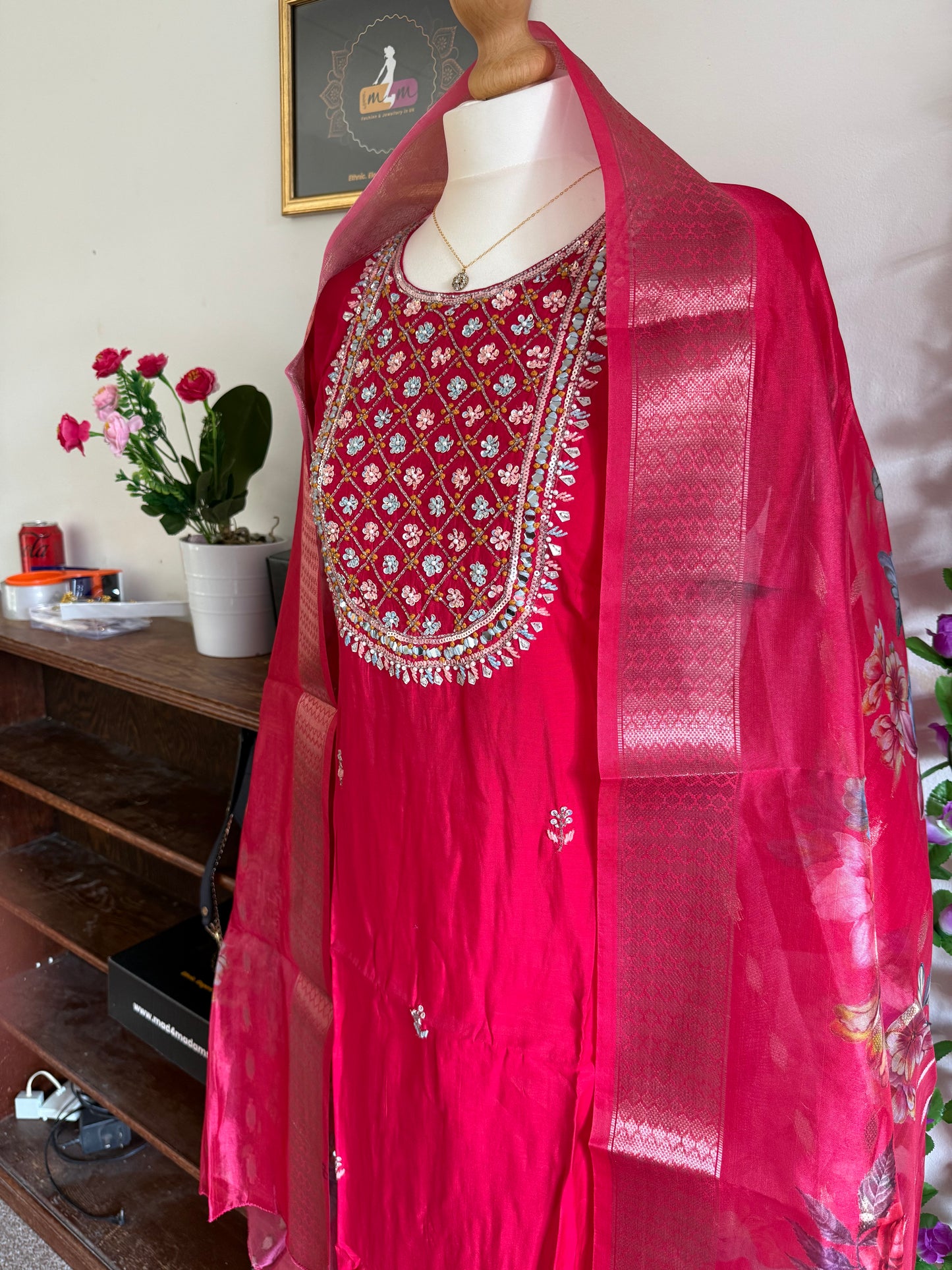 Viscose Modal Designer Hand Work 3 piece Kurti with bottom dupatta - Dark Pink