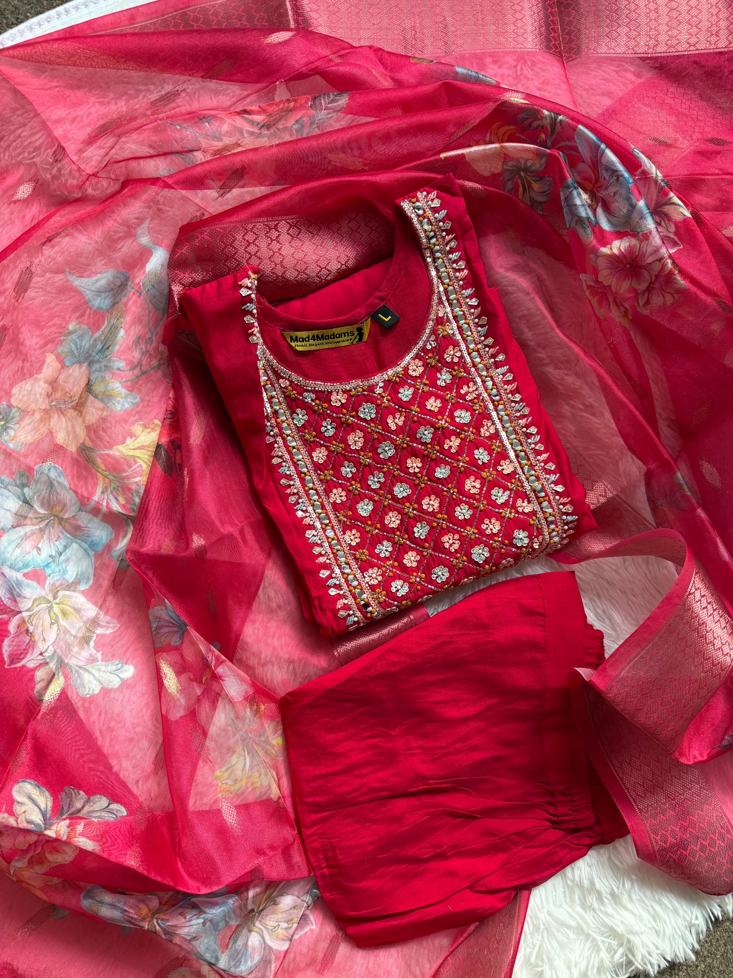 Viscose Modal Designer Hand Work 3 piece Kurti with bottom dupatta - Dark Pink