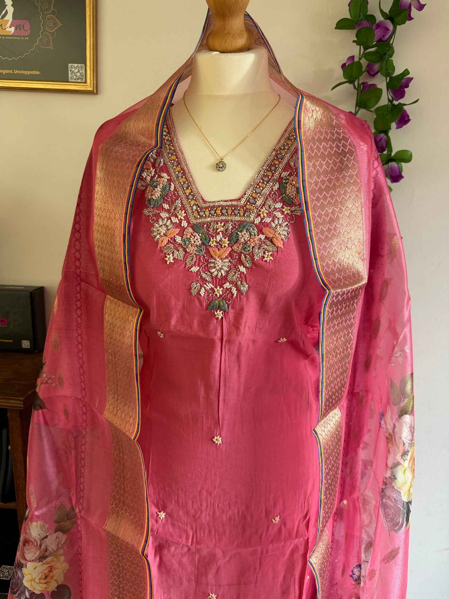 Viscose Modal Designer Hand Work 3 piece Kurti with bottom dupatta - Baby Pink