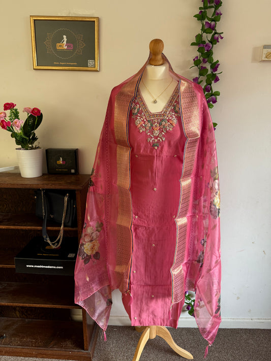 Viscose Modal Designer Hand Work 3 piece Kurti with bottom dupatta - Baby Pink