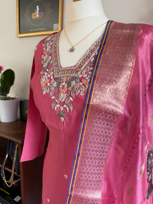Viscose Modal Designer Hand Work 3 piece Kurti with bottom dupatta - Baby Pink