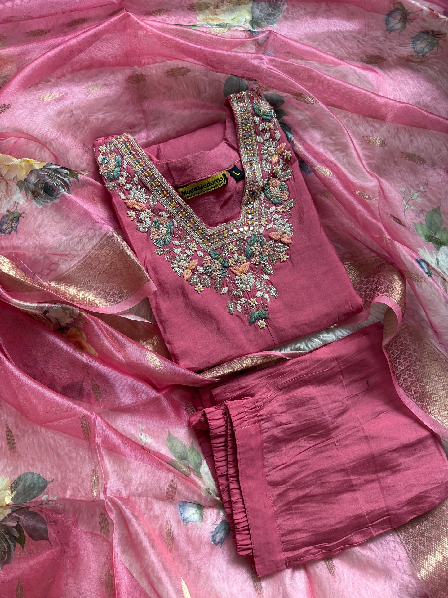 Viscose Modal Designer Hand Work 3 piece Kurti with bottom dupatta - Baby Pink