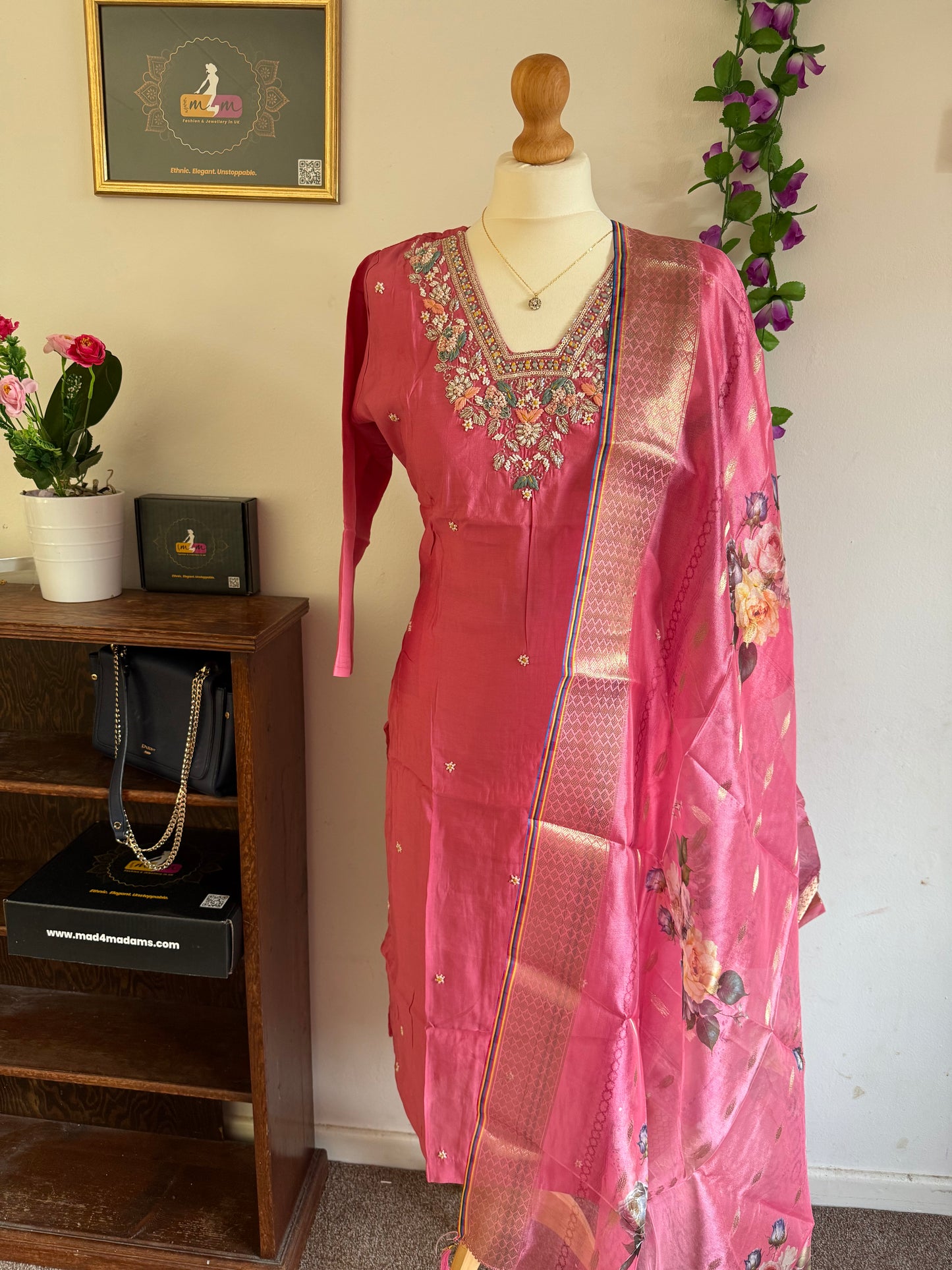 Viscose Modal Designer Hand Work 3 piece Kurti with bottom dupatta - Baby Pink