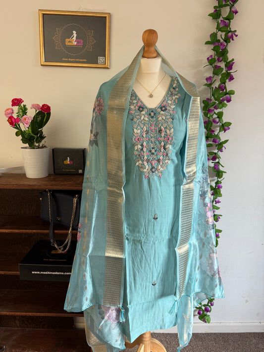 Viscose Modal Designer Hand Work 3 piece Kurti with bottom dupatta - Sea Blue