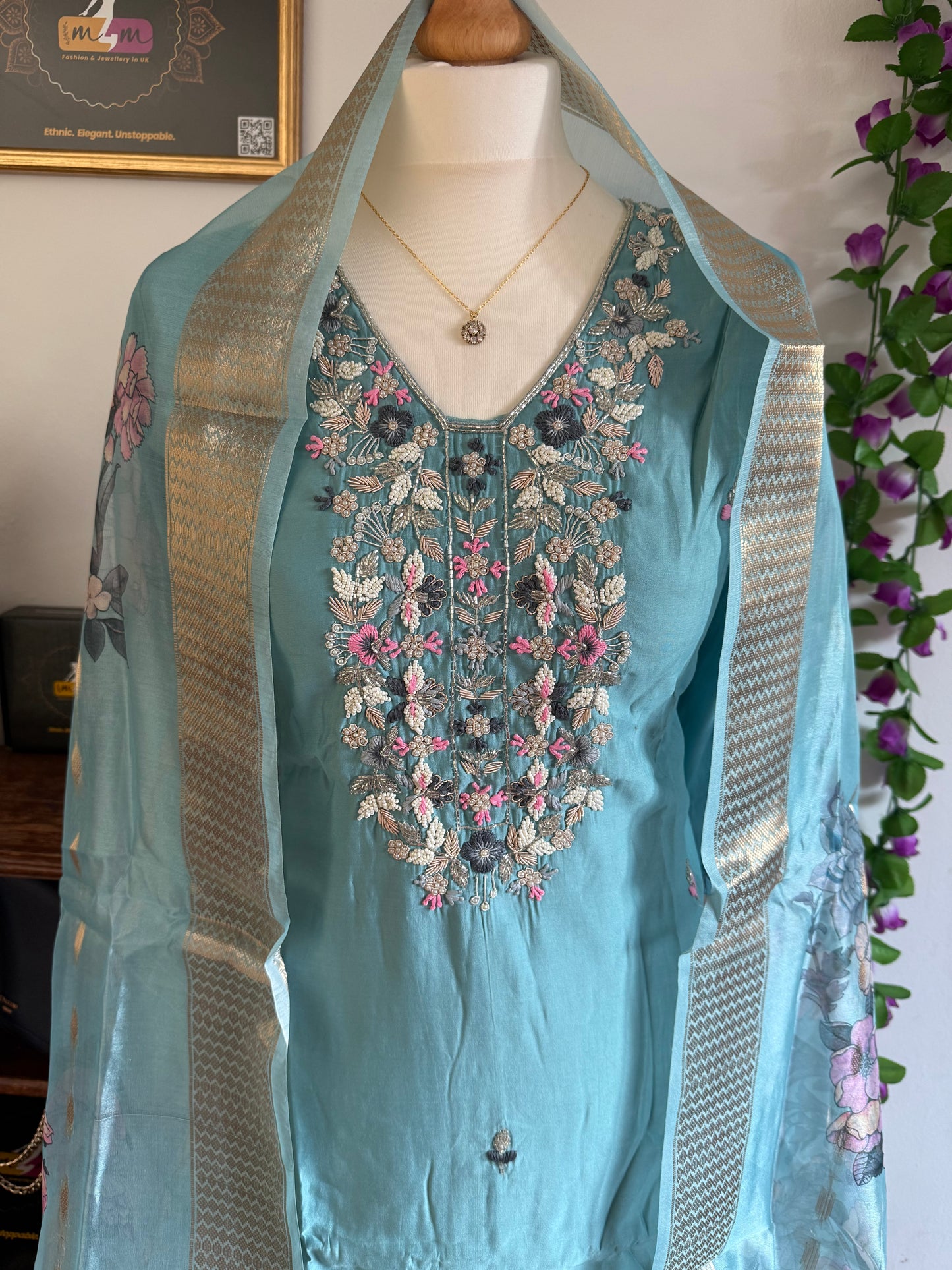 Viscose Modal Designer Hand Work 3 piece Kurti with bottom dupatta - Sea Blue