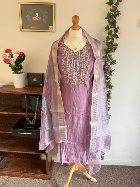 Viscose Modal Designer Hand Work 3 piece Kurti with bottom dupatta - Lavender