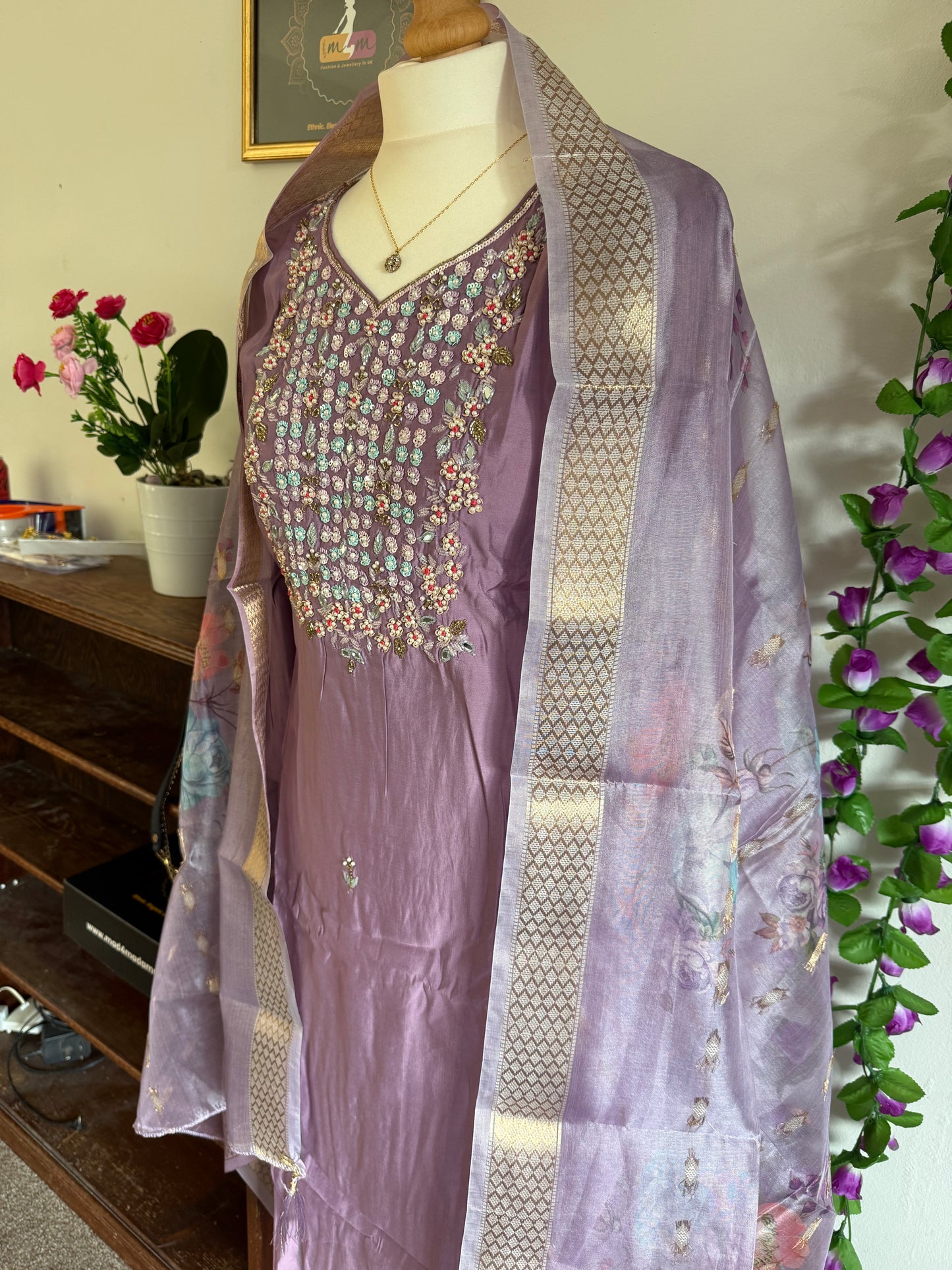 Viscose Modal Designer Hand Work 3 piece Kurti with bottom dupatta - Lavender