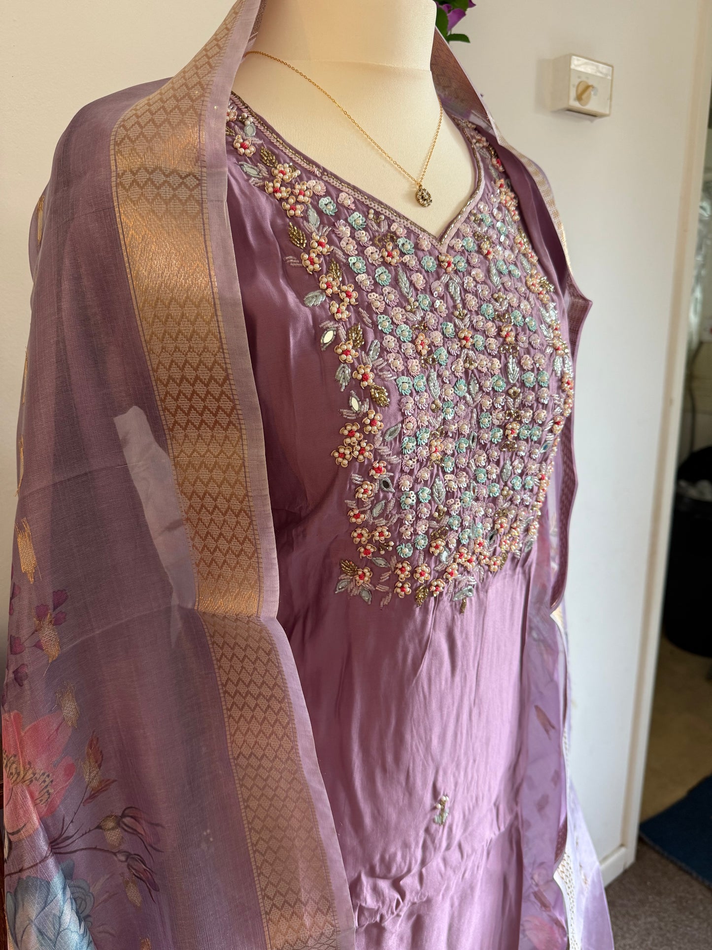 Viscose Modal Designer Hand Work 3 piece Kurti with bottom dupatta - Lavender