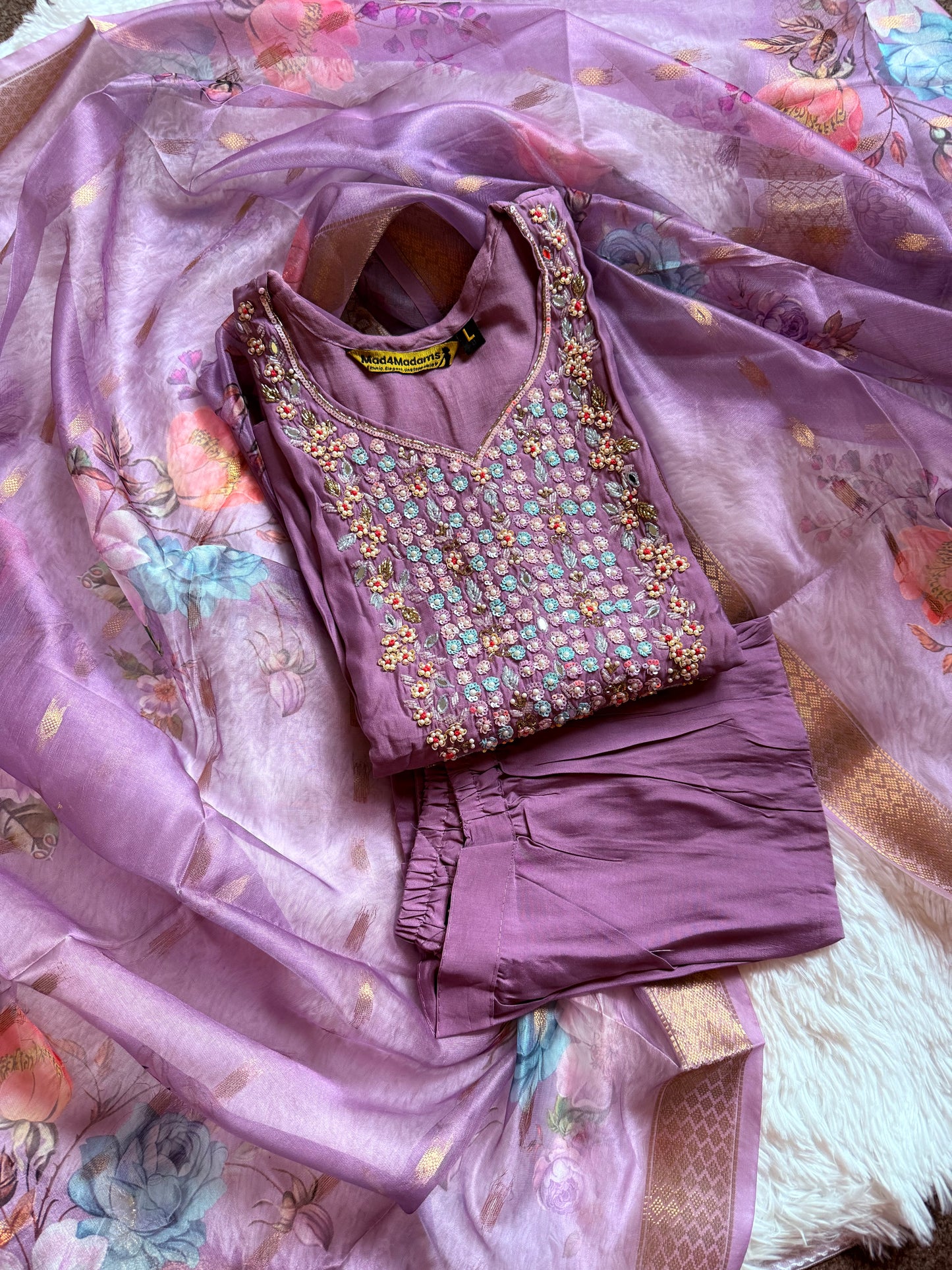 Viscose Modal Designer Hand Work 3 piece Kurti with bottom dupatta - Lavender