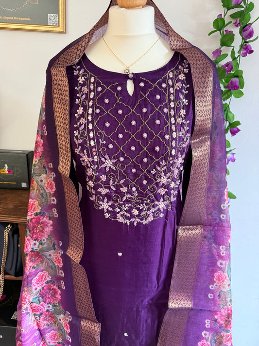 Dola Silk Designer 3 piece Kurti with bottom dupatta - Purple