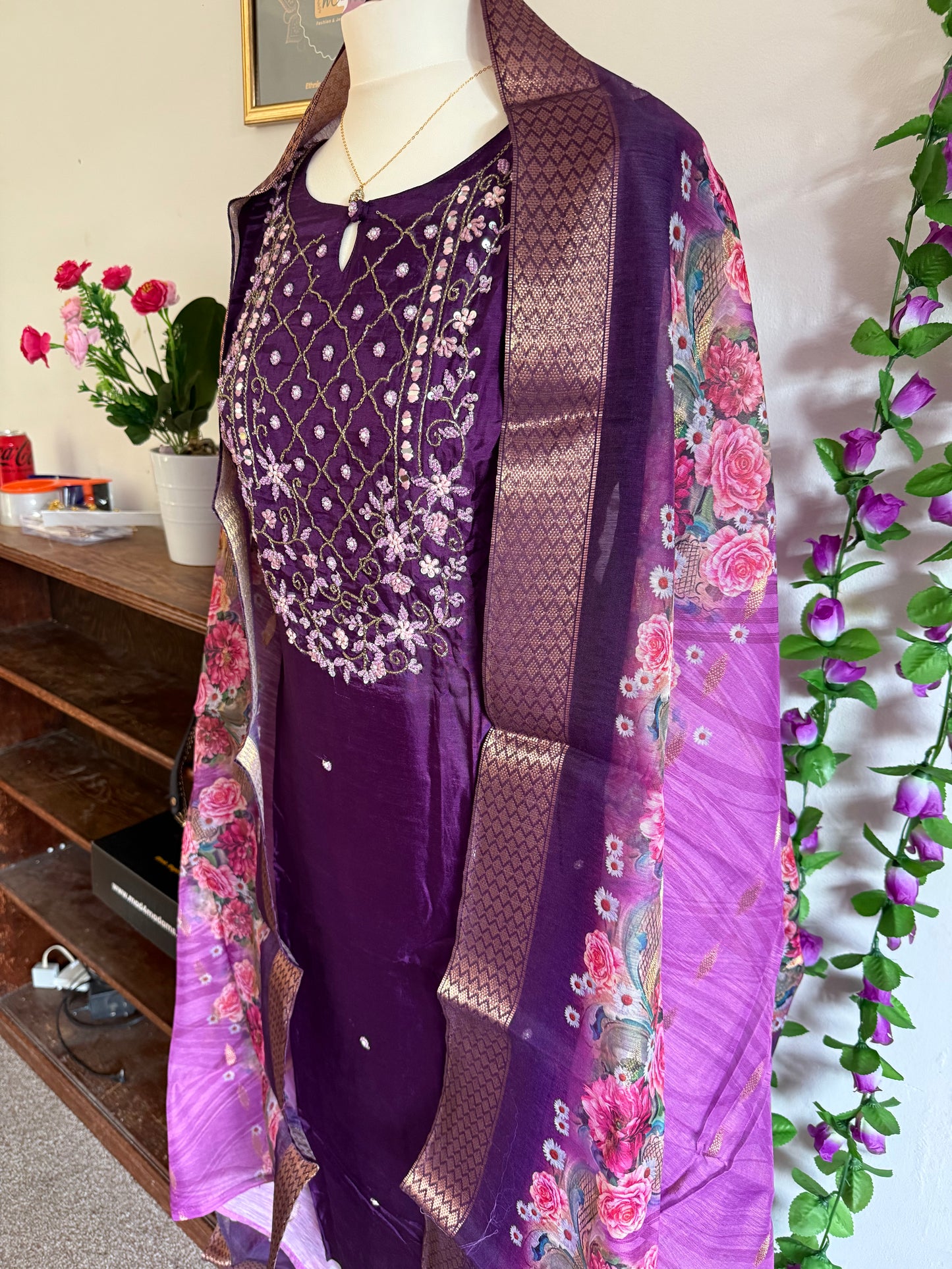Dola Silk Designer 3 piece Kurti with bottom dupatta - Purple