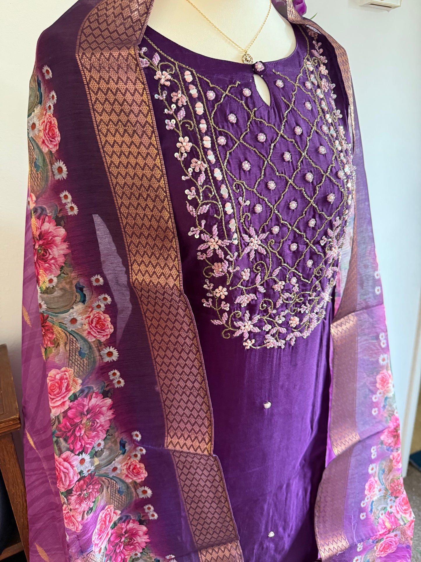 Dola Silk Designer 3 piece Kurti with bottom dupatta - Purple
