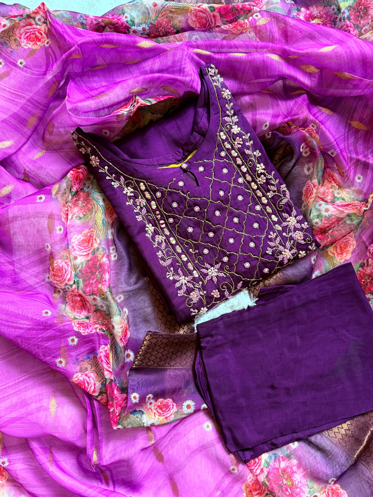 Dola Silk Designer 3 piece Kurti with bottom dupatta - Purple