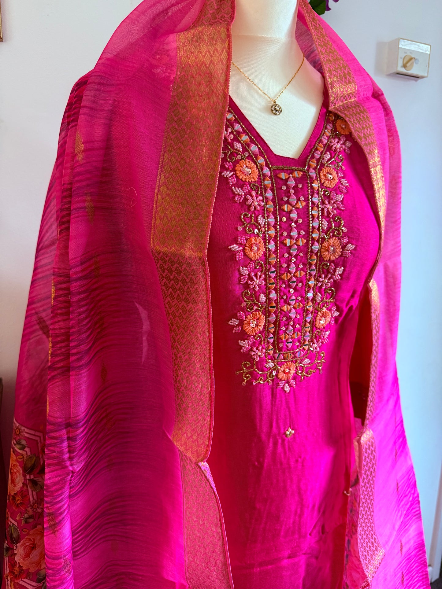 Dola Silk Designer 3 piece Kurti with bottom dupatta - Rani Pink