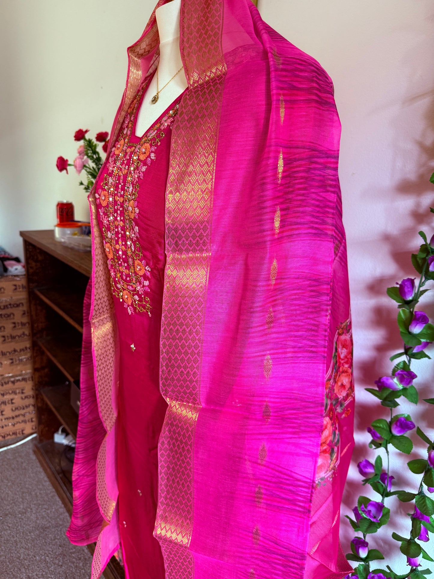 Dola Silk Designer 3 piece Kurti with bottom dupatta - Rani Pink