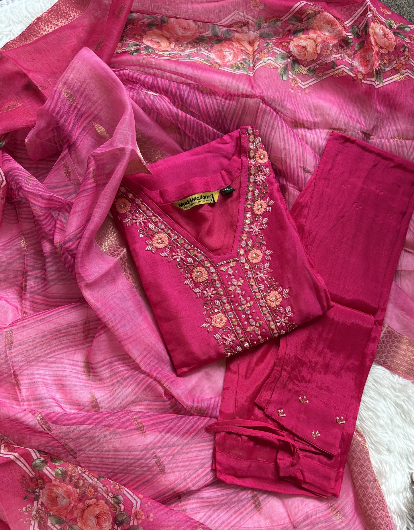 Dola Silk Designer 3 piece Kurti with bottom dupatta - Rani Pink