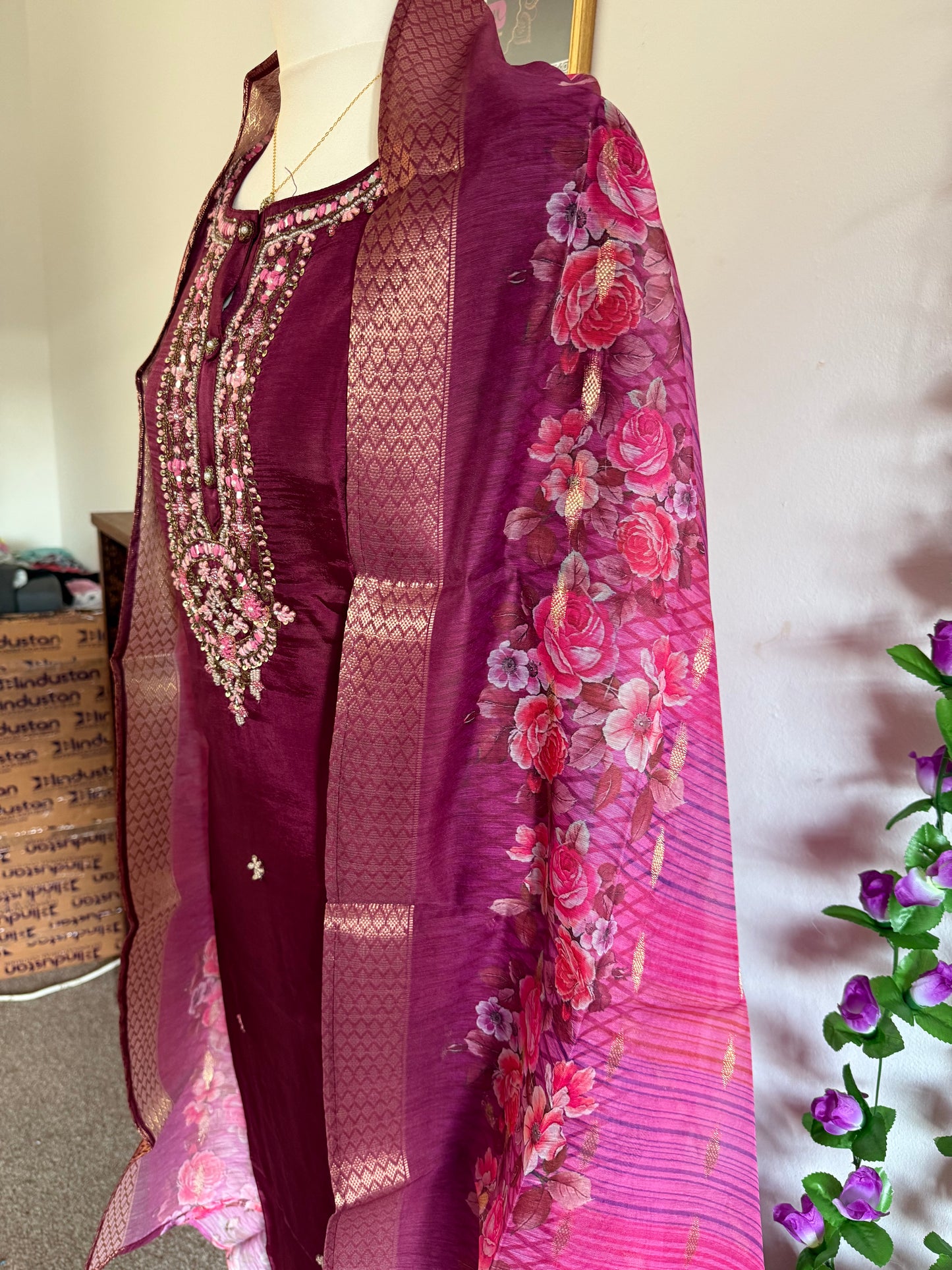 Dola Silk Designer 3 piece Kurti with bottom dupatta - Rich Wine