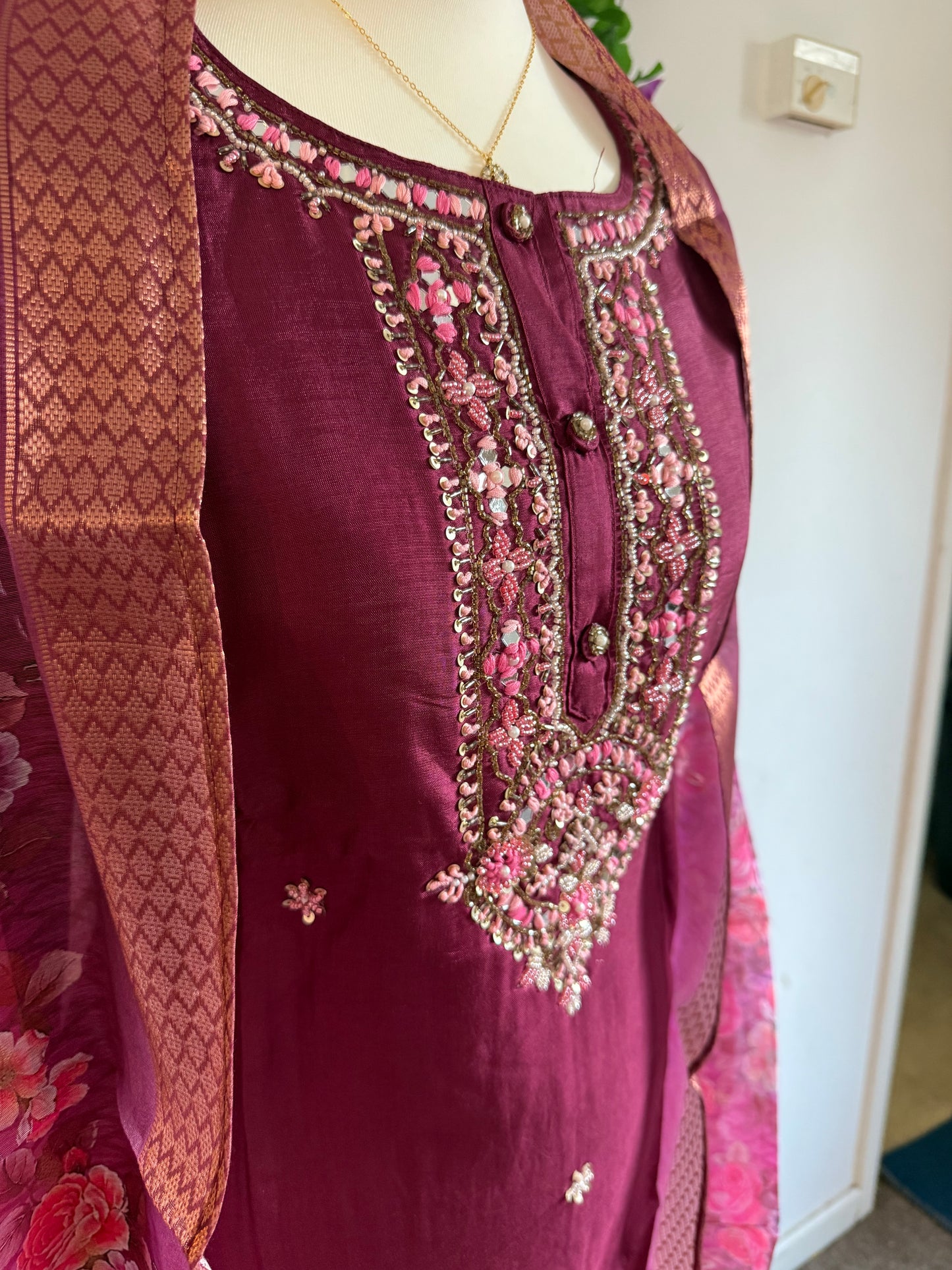 Dola Silk Designer 3 piece Kurti with bottom dupatta - Rich Wine