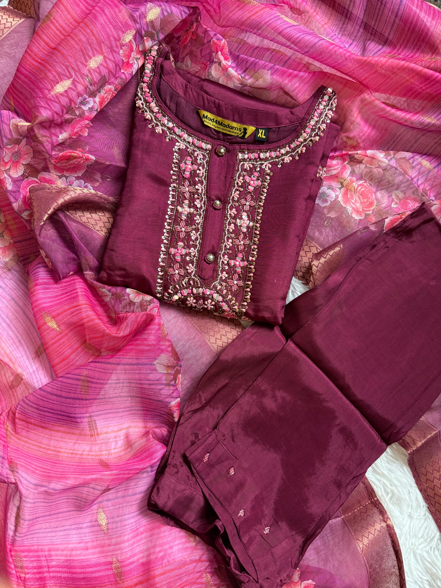 Dola Silk Designer 3 piece Kurti with bottom dupatta - Rich Wine