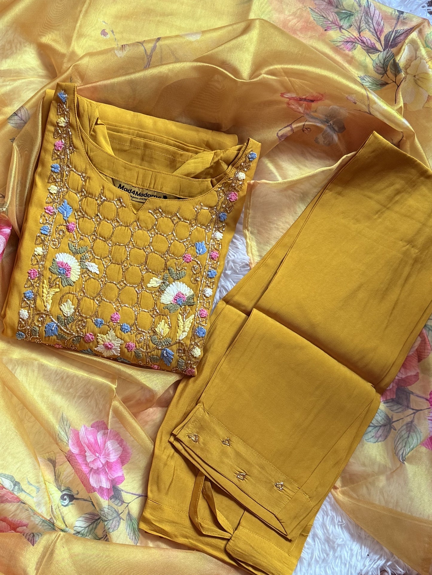 Viscose Designer 3 piece Kurti with bottom dupatta - Mustard Yellow