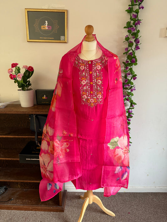 Viscose Designer 3 piece Kurti with bottom dupatta - Rani Pink