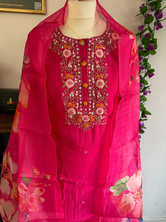Viscose Designer 3 piece Kurti with bottom dupatta - Rani Pink