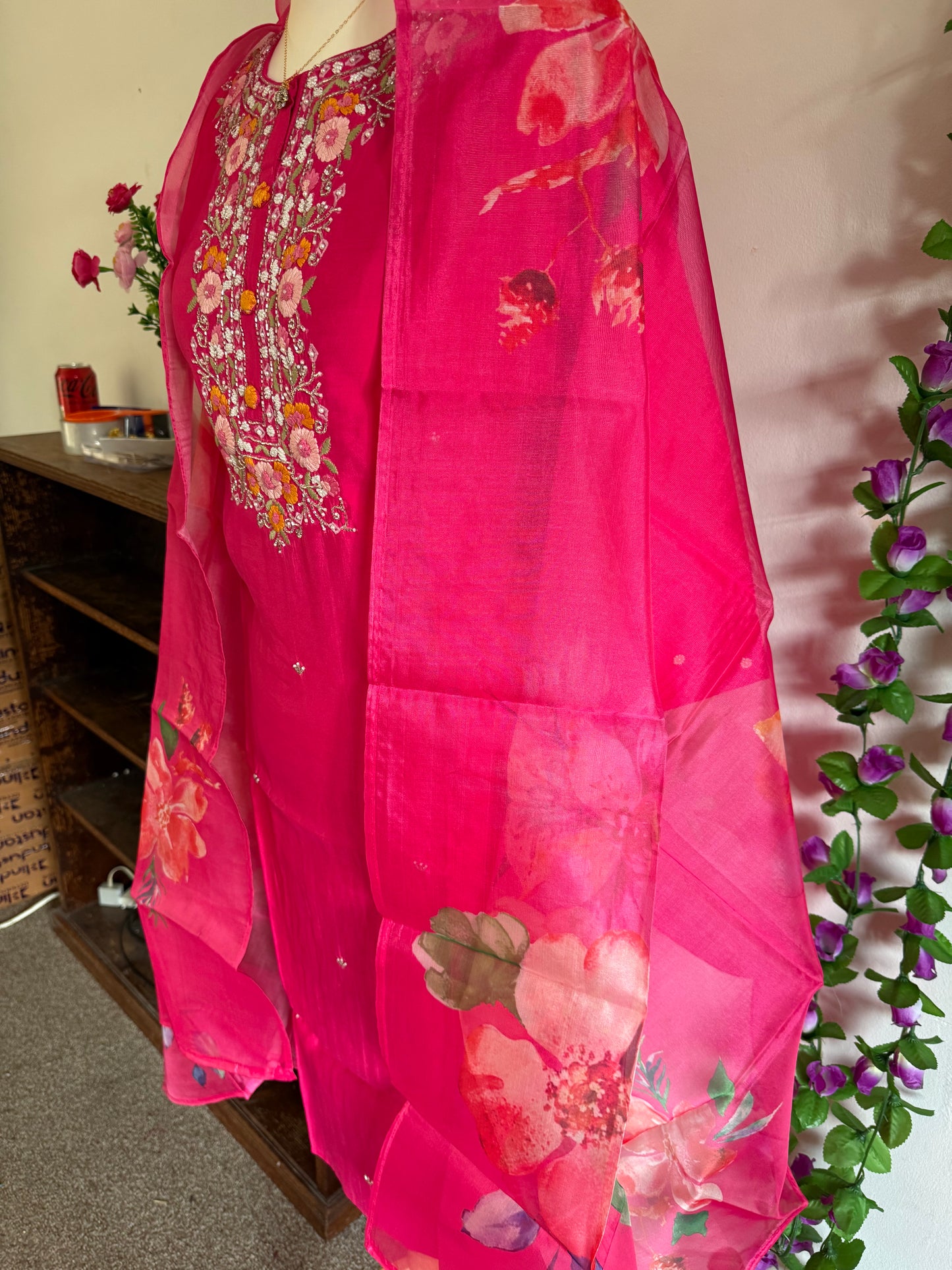 Viscose Designer 3 piece Kurti with bottom dupatta - Rani Pink
