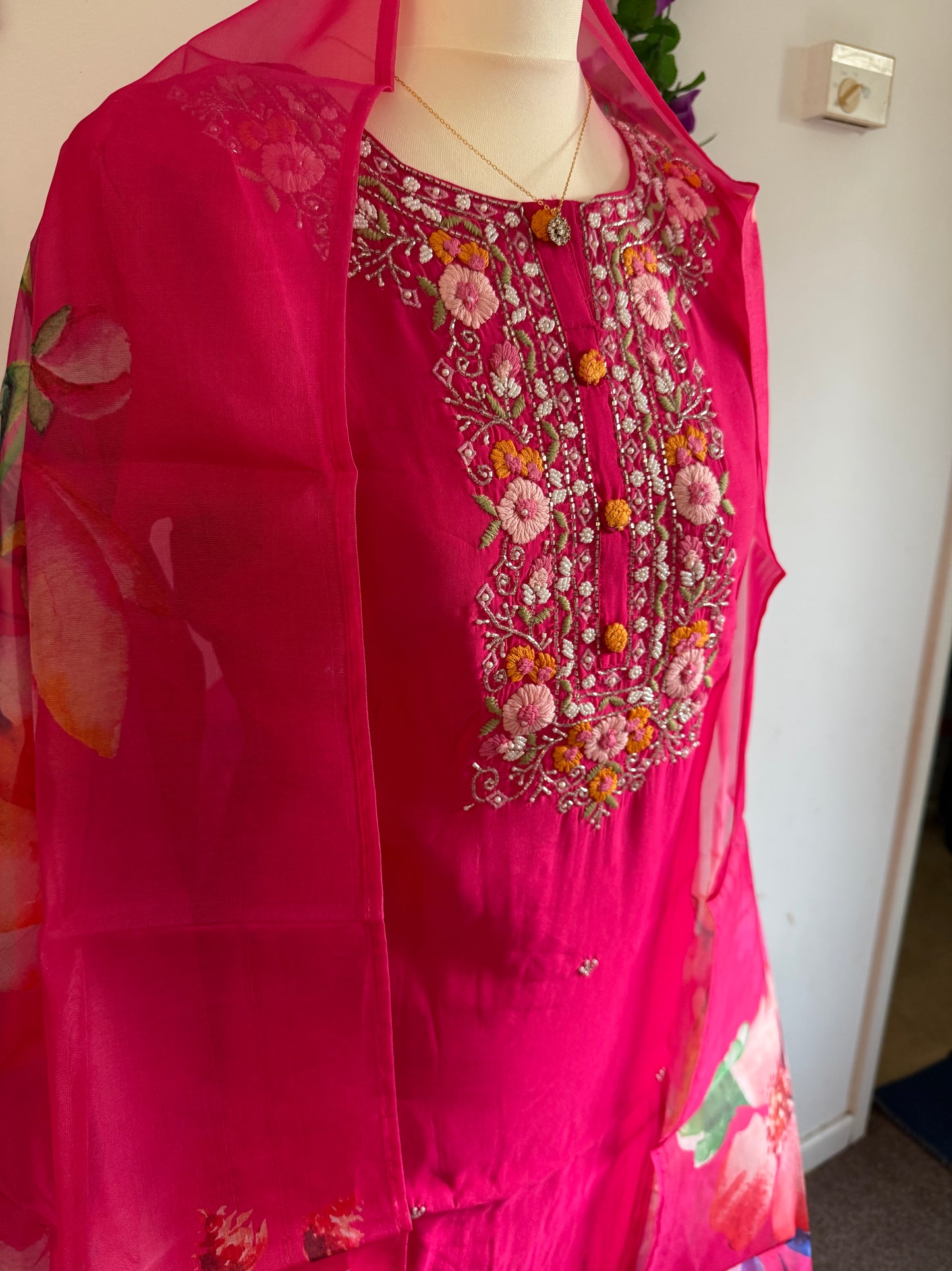 Viscose Designer 3 piece Kurti with bottom dupatta - Rani Pink